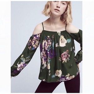 Anthropologie Maeve Tallie Green Silk Floral Open Shoulder Blouse Top Size Small